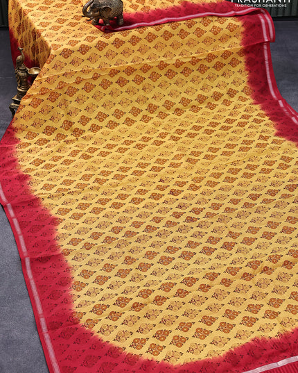 Chanderi silk cotton saree yellow and red with allover butta prints and small zari woven border
