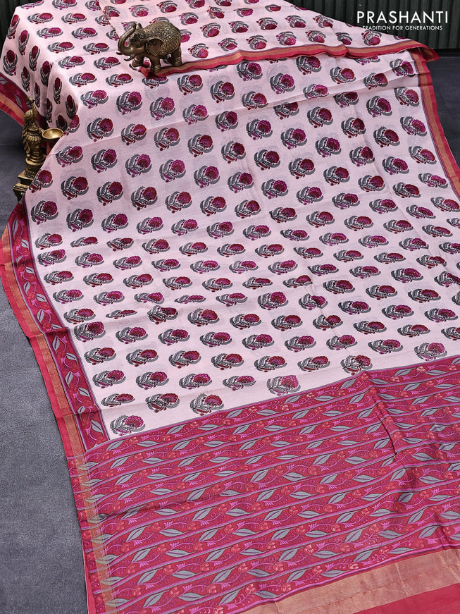 Chanderi silk cotton saree baby pink and red with allover floral butta prints and small zari woven border