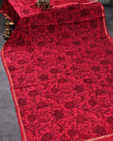 Chanderi silk cotton saree red with allover floral prints and small zari woven border