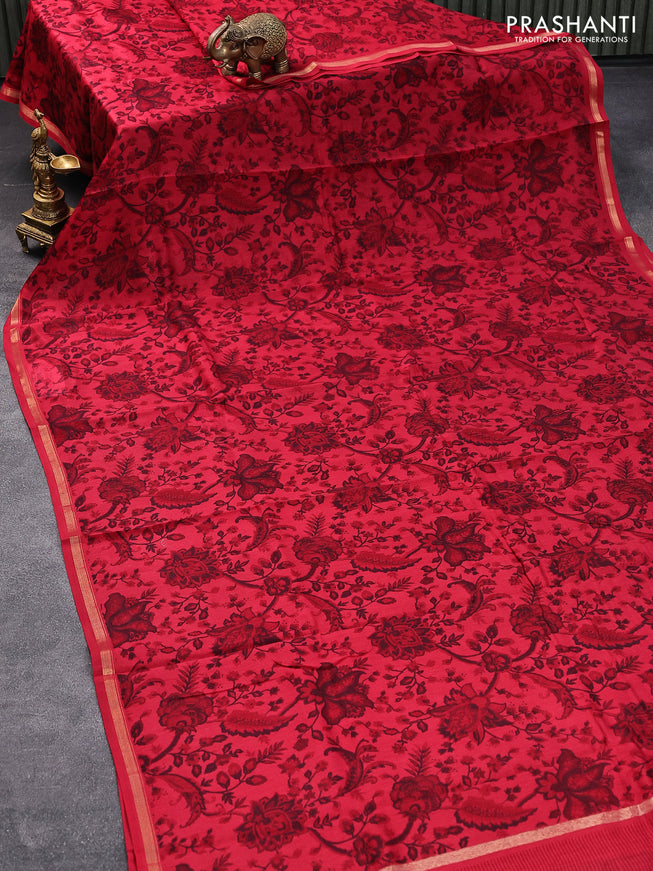Chanderi silk cotton saree red with allover floral prints and small zari woven border