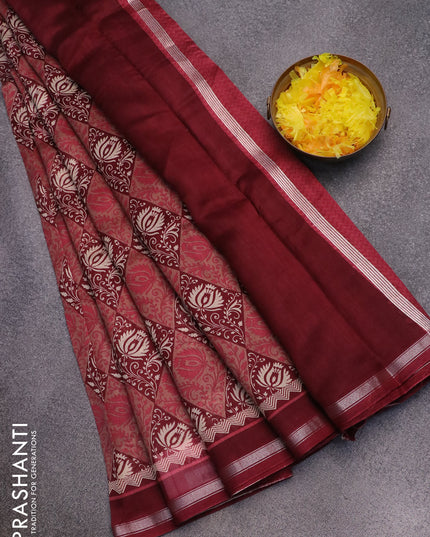 Chanderi silk cotton saree maroon with allover prints and small zari woven border