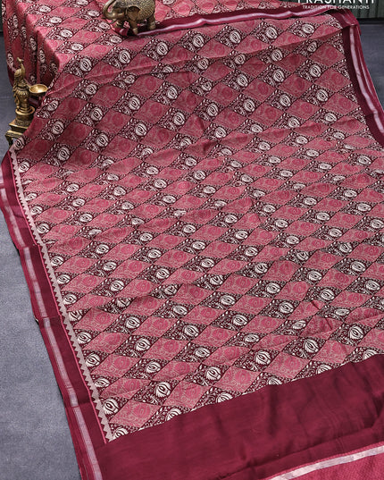 Chanderi silk cotton saree maroon with allover prints and small zari woven border