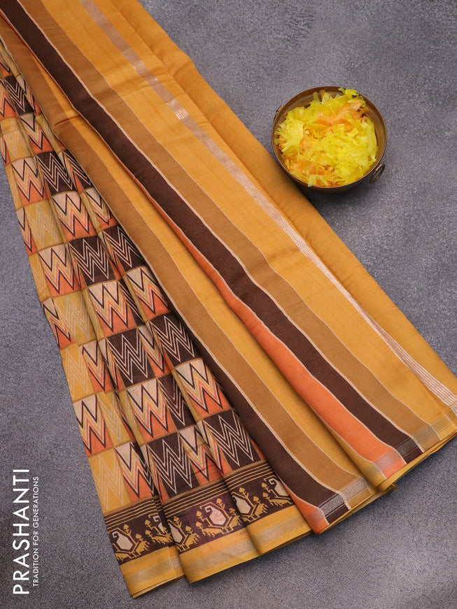 Chanderi silk cotton saree yellow and brown with allover prints and small zari woven border