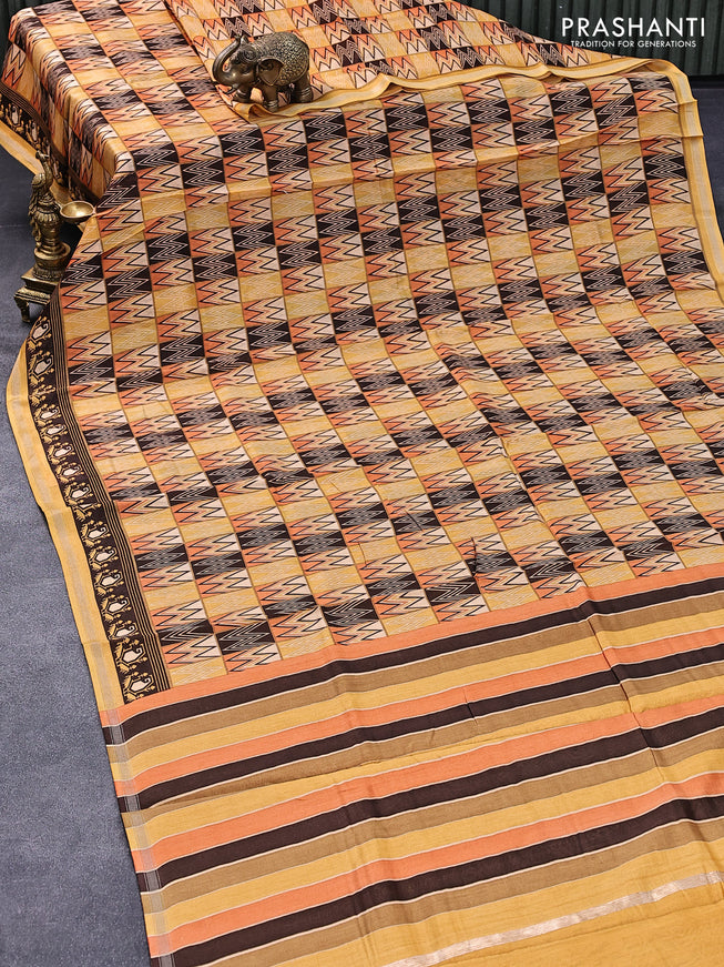 Chanderi silk cotton saree yellow and brown with allover prints and small zari woven border