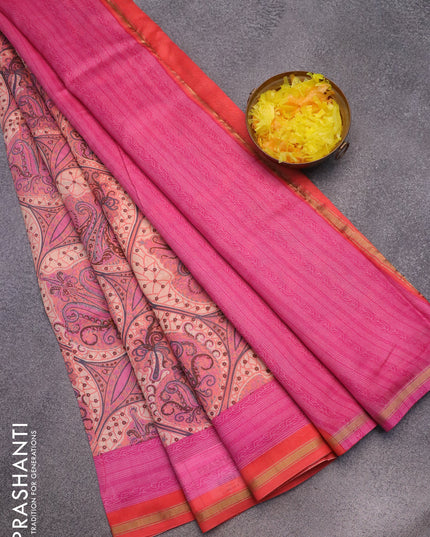 Chanderi silk cotton saree cream and pink peach shade with allover prints and small zari woven border