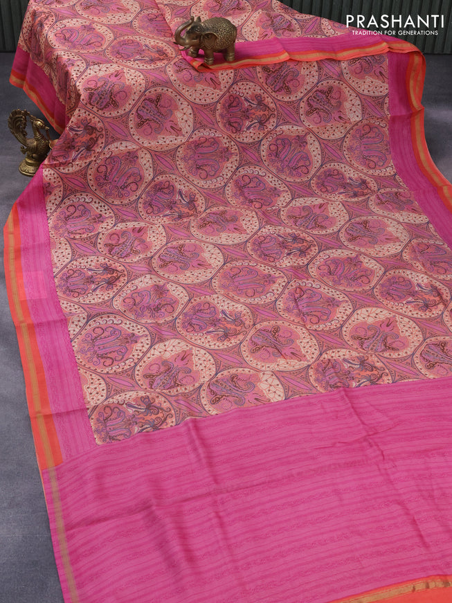 Chanderi silk cotton saree cream and pink peach shade with allover prints and small zari woven border