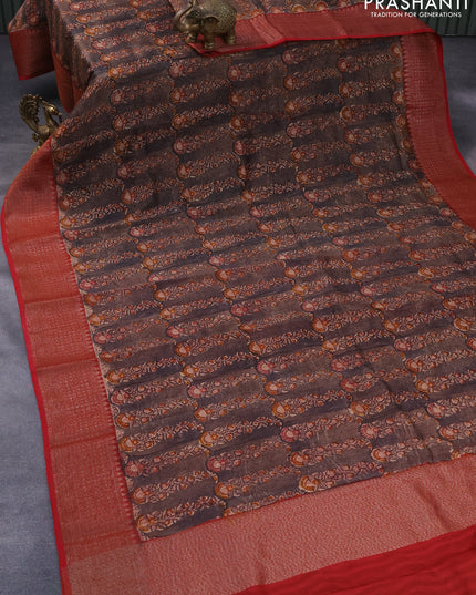 Chanderi silk cotton saree brown and maroon with allover prints and woven border