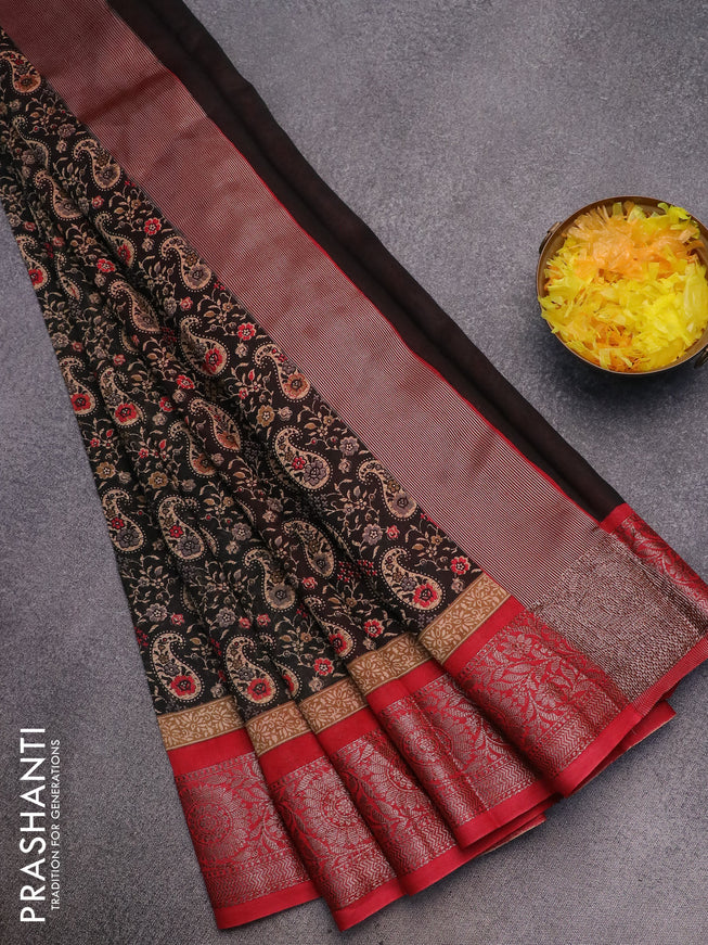 Chanderi silk cotton saree black and red with allover paisley prints and woven border