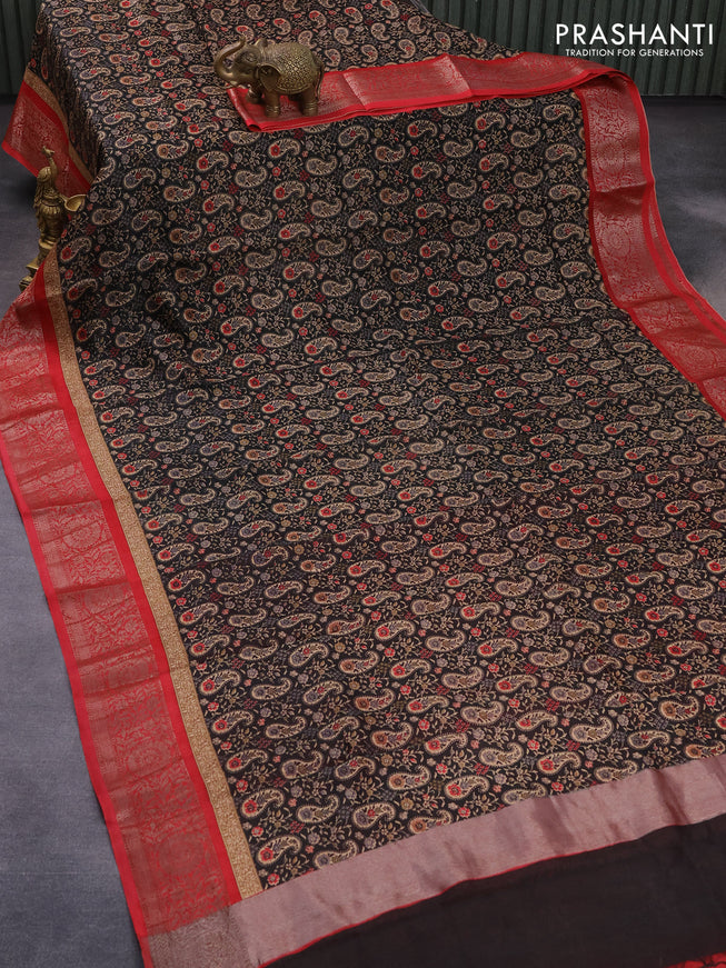 Chanderi silk cotton saree black and red with allover paisley prints and woven border