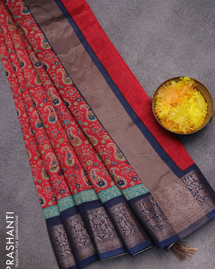 Chanderi silk cotton saree red and blue with allover paisley prints and woven border
