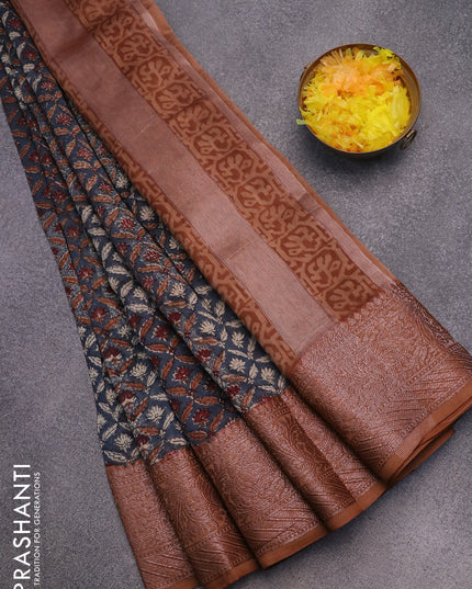 Chanderi silk cotton saree dark grey and brown with allover prints and woven border
