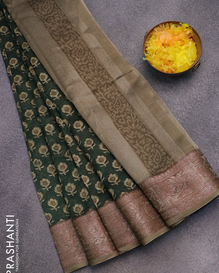 Chanderi silk cotton saree green and military green with allover butta prints and woven border