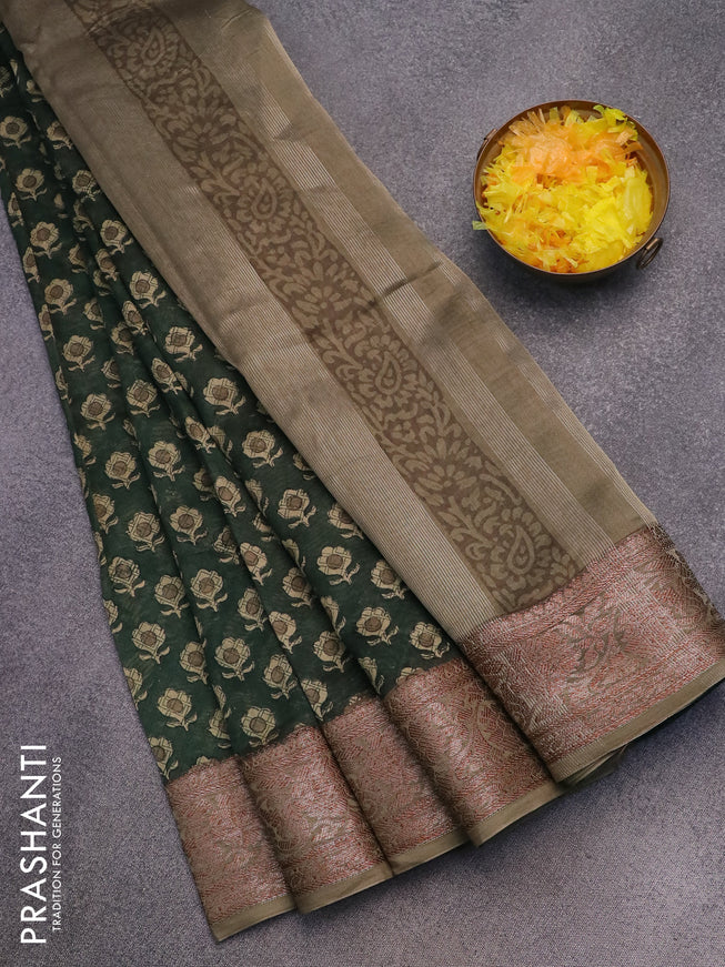 Chanderi silk cotton saree green and military green with allover butta prints and woven border