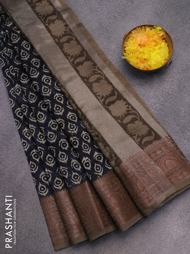 Chanderi silk cotton saree navy blue and grey shade with allover ikat butta prints and woven border