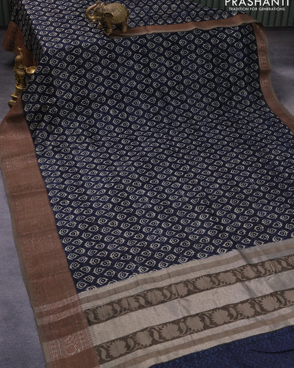 Chanderi silk cotton saree navy blue and grey shade with allover ikat butta prints and woven border