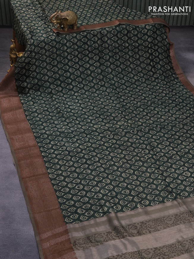 Chanderi silk cotton saree bottle green and grey shade with allover ikat butta prints and woven border