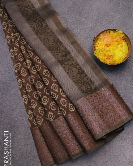 Chanderi silk cotton saree brown shade with allover ikat butta prints and woven border