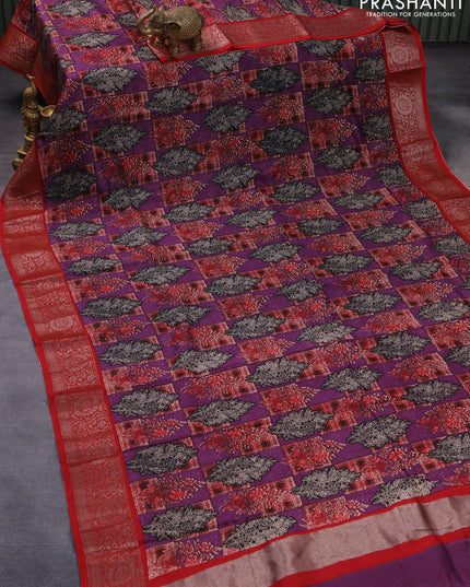 Chanderi silk cotton saree purple and red with allover floral butta prints and woven border