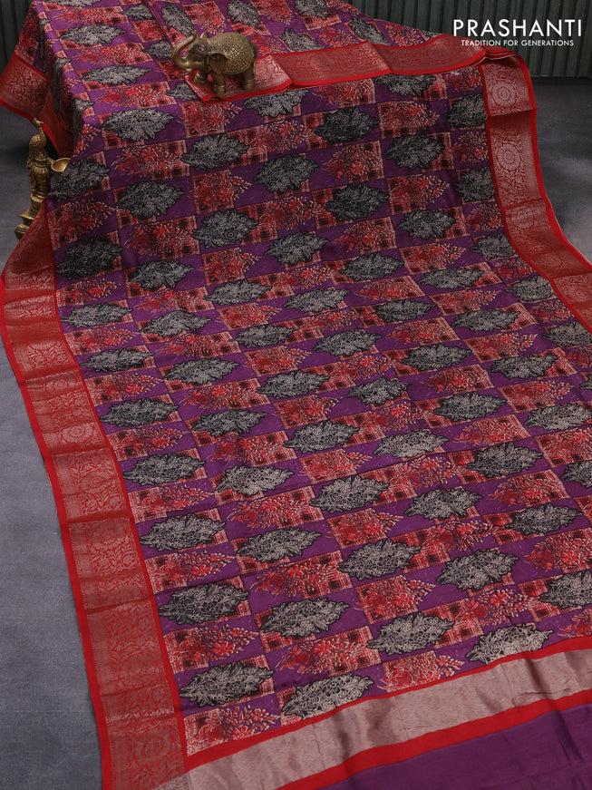 Chanderi silk cotton saree purple and red with allover floral butta prints and woven border