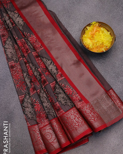 Chanderi silk cotton saree grey shade and red with allover floral butta prints and woven border