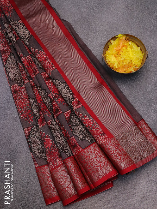 Chanderi silk cotton saree grey shade and red with allover floral butta prints and woven border