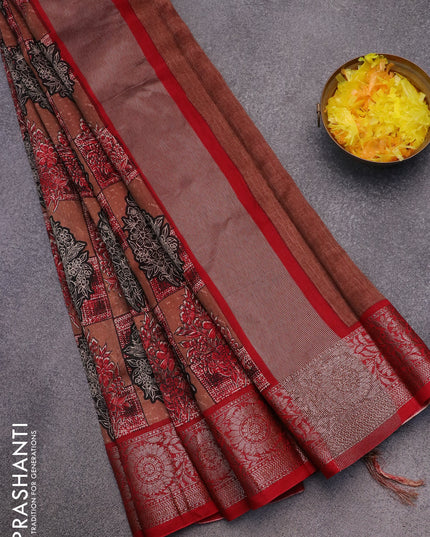 Chanderi silk cotton saree brown and red with allover floral butta prints and woven border