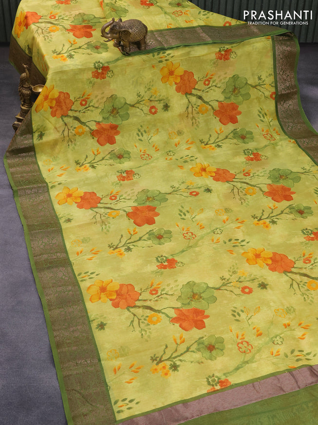 Chanderi silk cotton saree lime green and green with allover floral prints and woven border