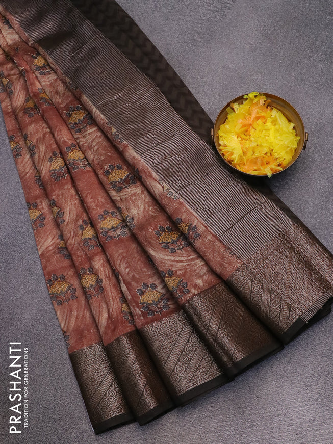 Chanderi silk cotton saree brown shade and deep coffee brown with allover butta prints and woven border