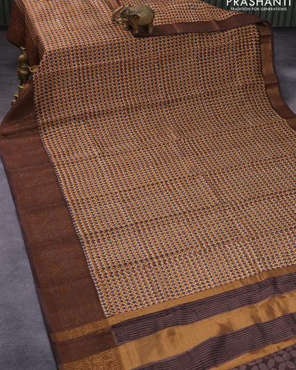 Chanderi silk cotton saree beige and brown with allover prints and banarasi style border