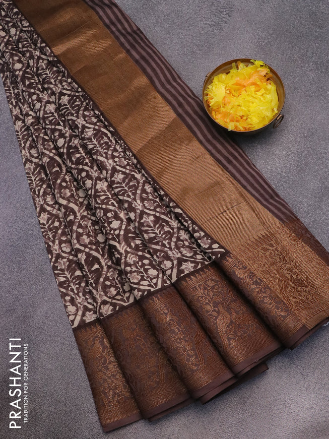 Chanderi silk cotton saree brown with allover prints and banarasi style border