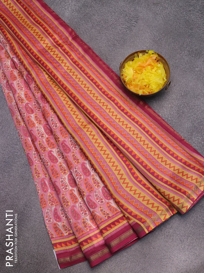 Chanderi silk cotton saree light pink and dark magenta with allover paisley prints and small zari woven border