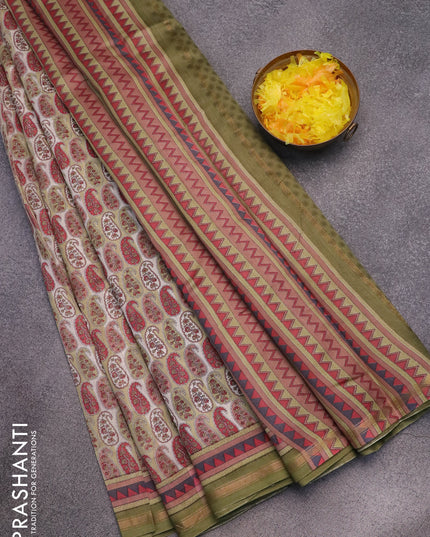 Chanderi silk cotton saree elaichi green and mehendi green with allover paisley prints and small zari woven border