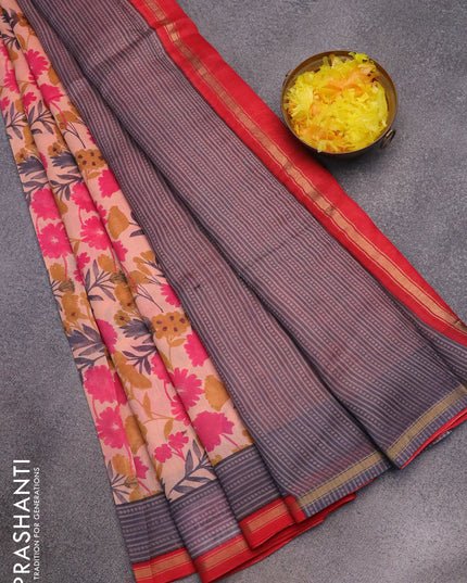 Chanderi silk cotton saree peach pink shade and red with allover floral prints and small zari woven border