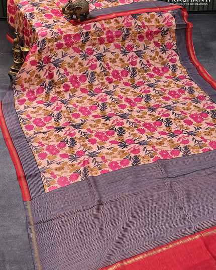 Chanderi silk cotton saree peach pink shade and red with allover floral prints and small zari woven border