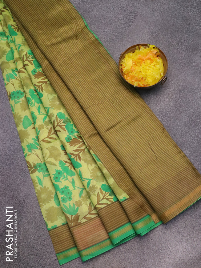 Chanderi silk cotton saree flourescent green and green with allover floral prints and small zari woven border