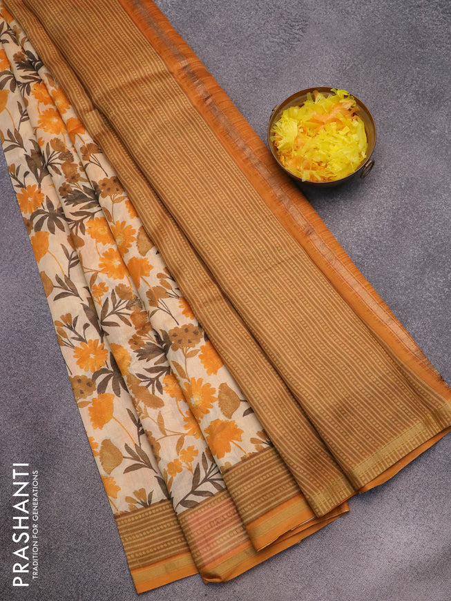 Chanderi silk cotton saree cream and mustard yellow with allover floral prints and small zari woven border