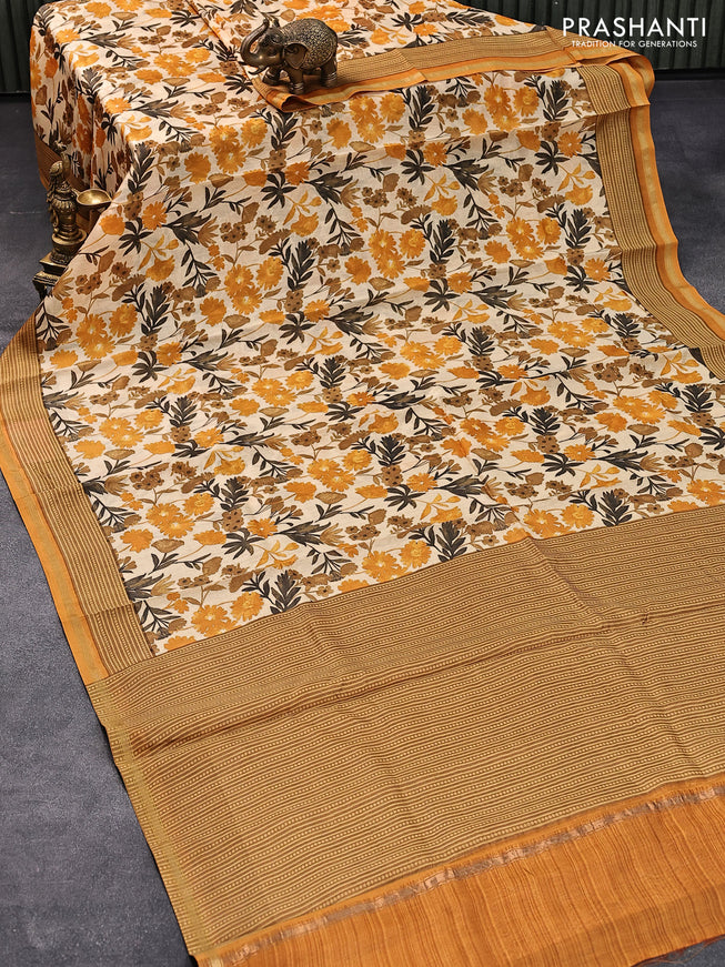 Chanderi silk cotton saree cream and mustard yellow with allover floral prints and small zari woven border