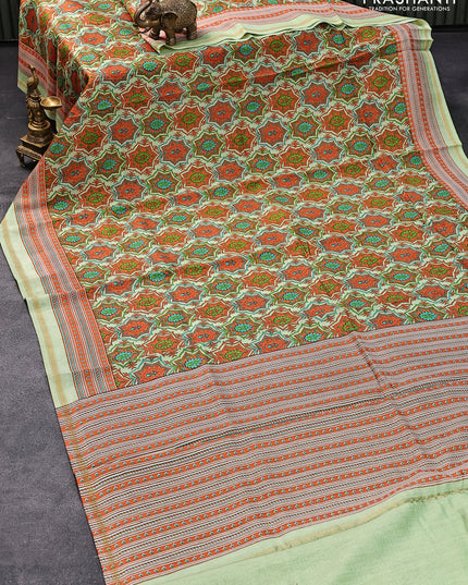 Chanderi silk cotton saree pista green with allover prints and small zari woven border