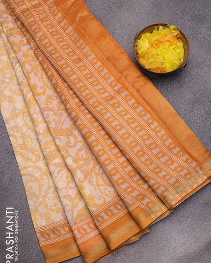 Chanderi silk cotton saree cream and mustard yellow with allover prints and small zari woven border