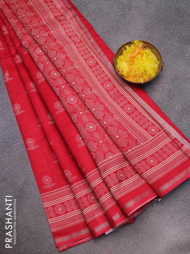 Chanderi silk cotton saree tomato red with floral butta prints and small zari woven border