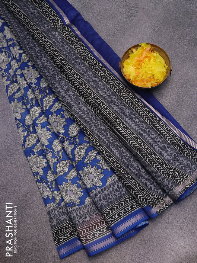 Chanderi silk cotton saree blue and black grey with allover floral prints and small zari woven border