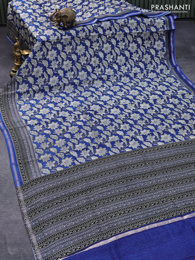 Chanderi silk cotton saree blue and black grey with allover floral prints and small zari woven border