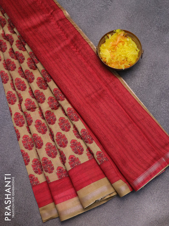 Chanderi silk cotton saree sandal and red with allover floral butta prints and small zari woven border