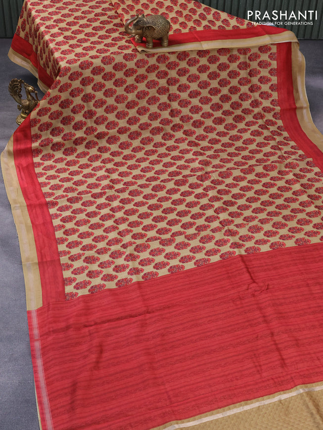 Chanderi silk cotton saree sandal and red with allover floral butta prints and small zari woven border