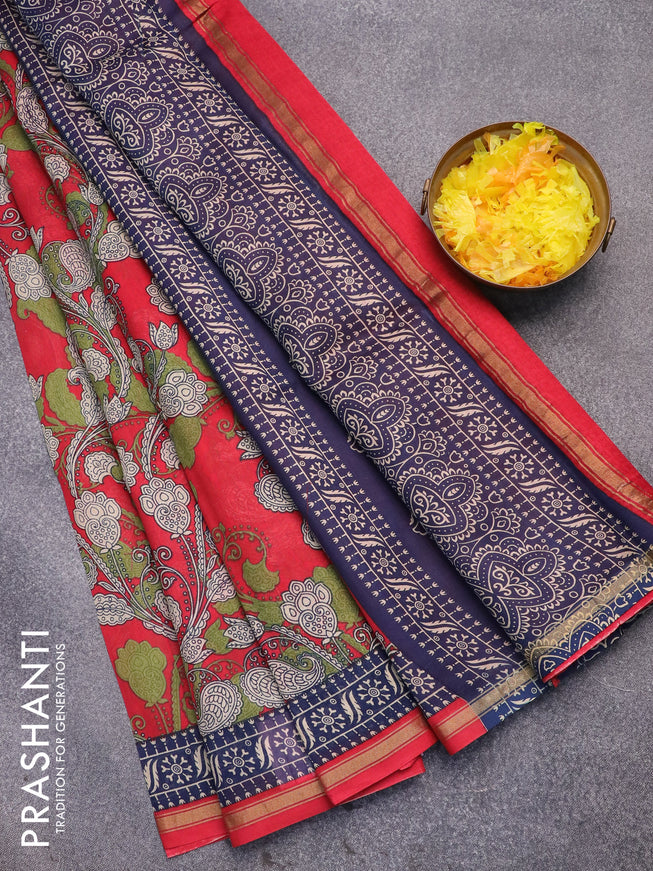 Chanderi silk cotton saree red and navy blue with allover prints and samll zari woven border