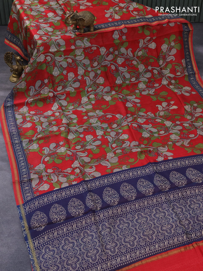 Chanderi silk cotton saree red and navy blue with allover prints and samll zari woven border