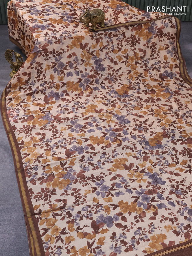 Chanderi silk cotton saree beige and brown with allover floral prints and samll zari woven border