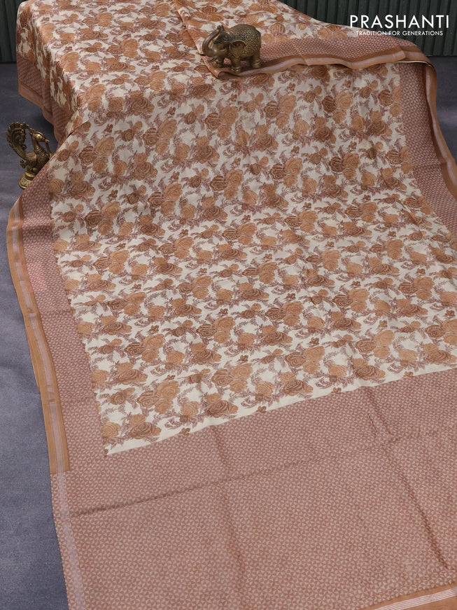 Chanderi silk cotton saree beige and brown with allover floral prints and samll zari woven border