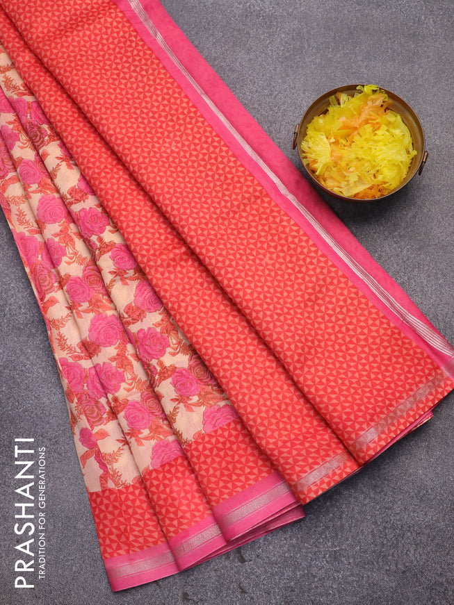 Chanderi silk cotton saree peach shade and pink with allover floral prints and samll zari woven border