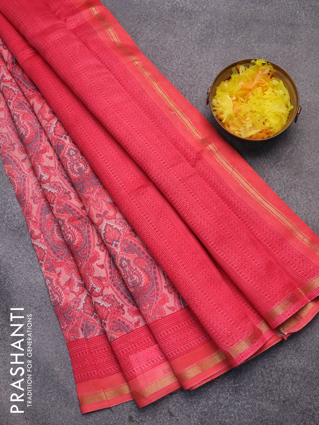 Chanderi silk cotton saree peach pink shade with allover prints and woven border